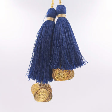 Navy Blue Tassels Latkan With Metal Coins, Indian Latkans, Blue Handmade Sewing Latkans